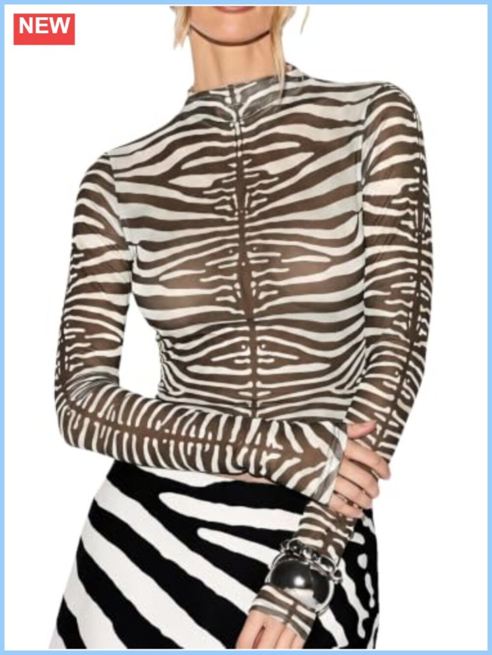 Women's Zebra Print Mesh Long Sleeve Mock Neck Sheer T Shirt Slim Fit